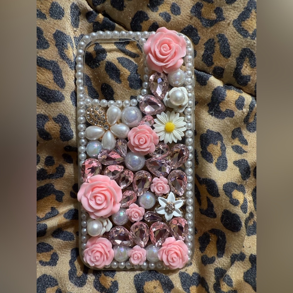 Pink Floral Bejeweled iPhone 15 Pro Max Pearl Phone Case